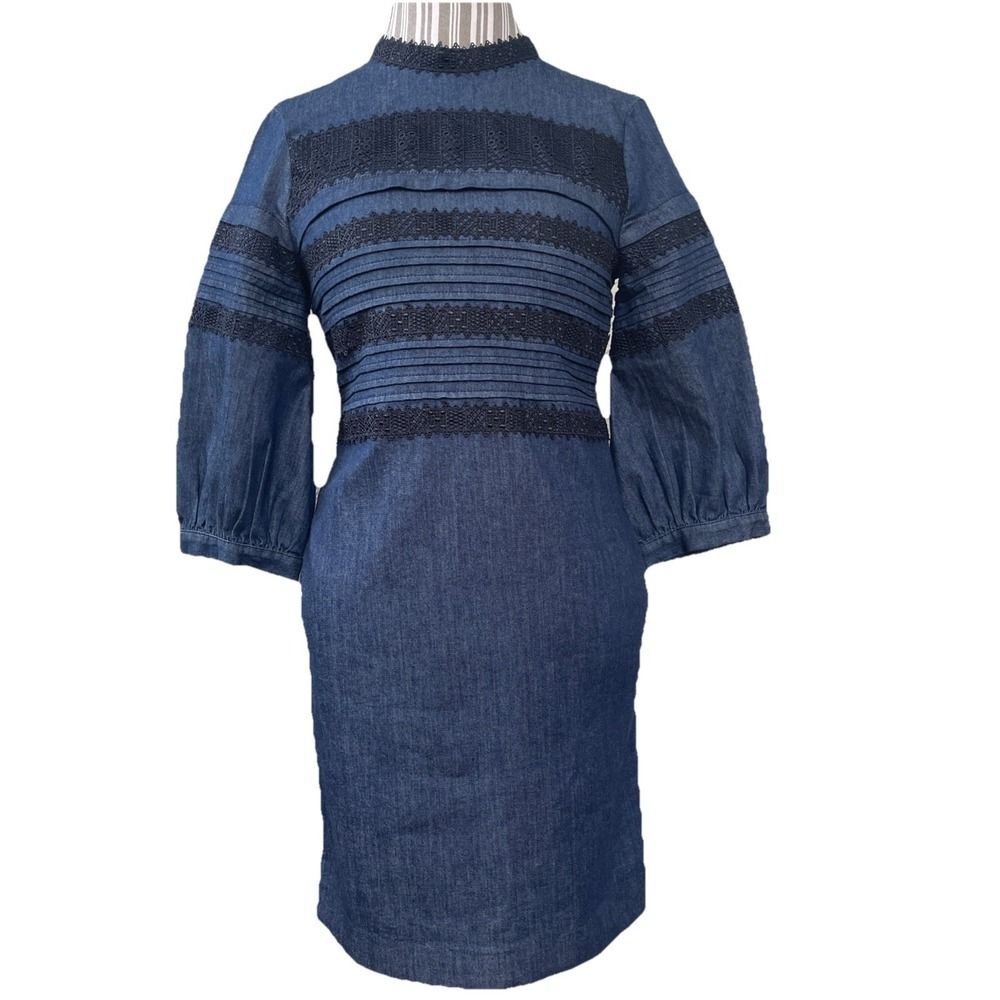 Banana Republic Dress Denim Lace Trim Size 0 Blue Black 3/4 Sleeve Boho